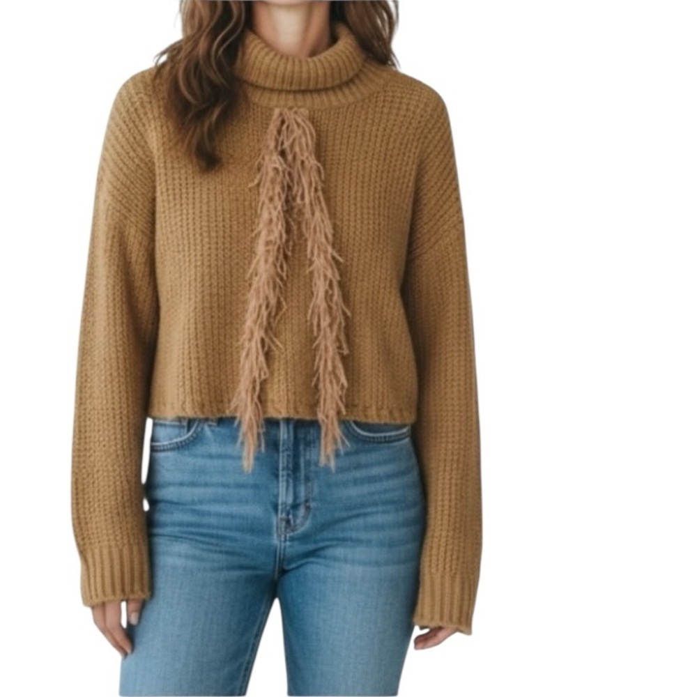 Boho Western Tan Cropped fringe chunky knit mock Turtle neck sweater cowgirl